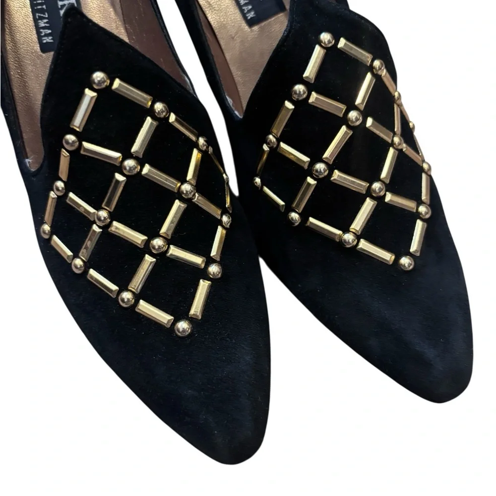 Stuart by Stuart Weitzman Black Velvet Studded Pointed Toe Heels Pumps - Picture 3 of 6